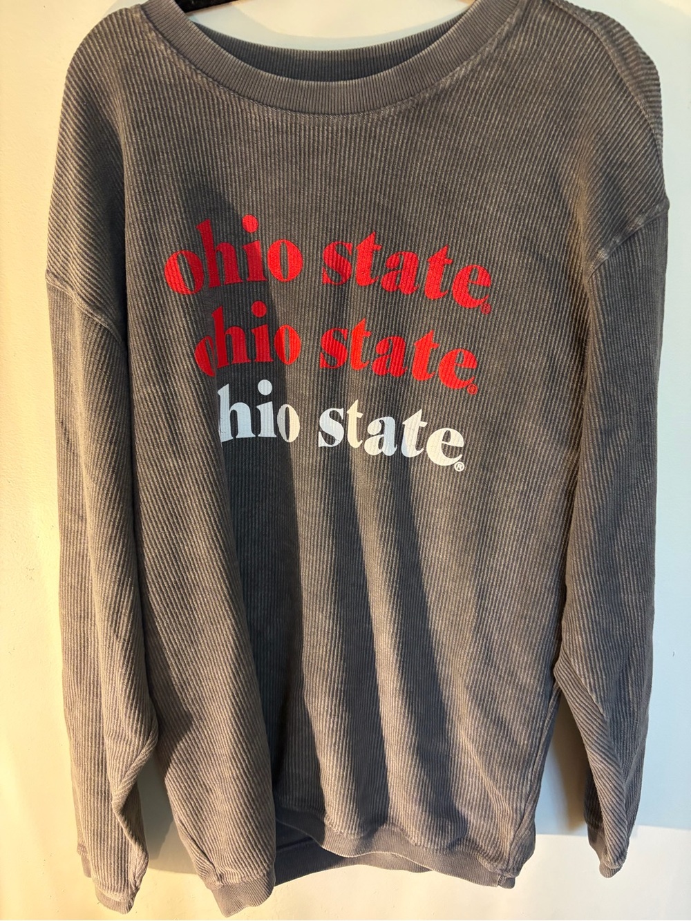 Ohio State Graphic Corduroy Sweatshirt - Gray with Red & White Logo